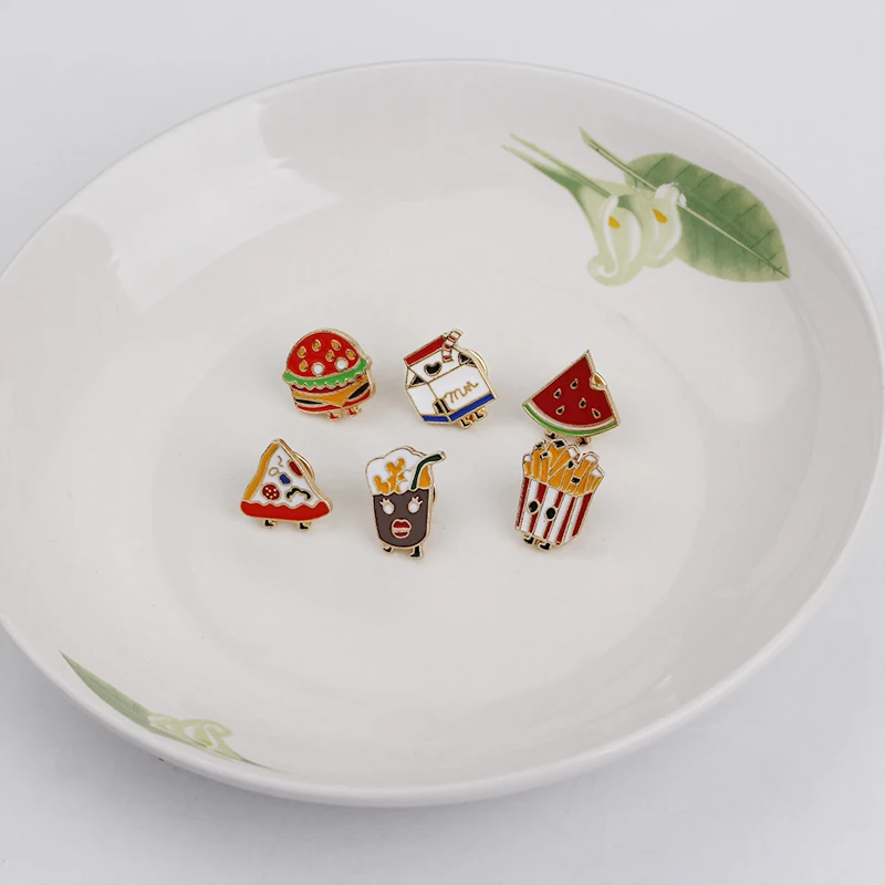 Junk Food Clothing Brooches Pins Milk Hamburger Chocolate Drink Milk Fries Watermelon Enamel Pins Party Badge Jewelry