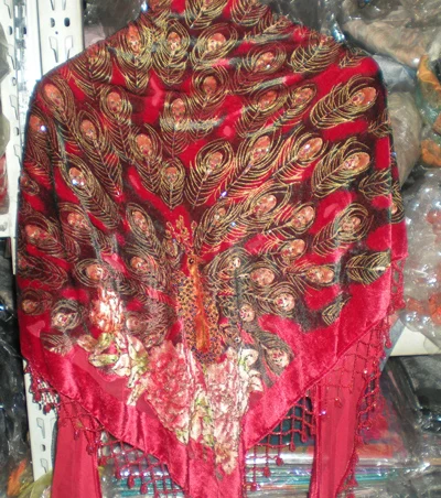 Triangle Beaded Peacock silk Velvet feeling 30% Nylon 70% rayon  Burn Out Duster Opera Shawl Scarf Wrap 7pcs/lot #2181