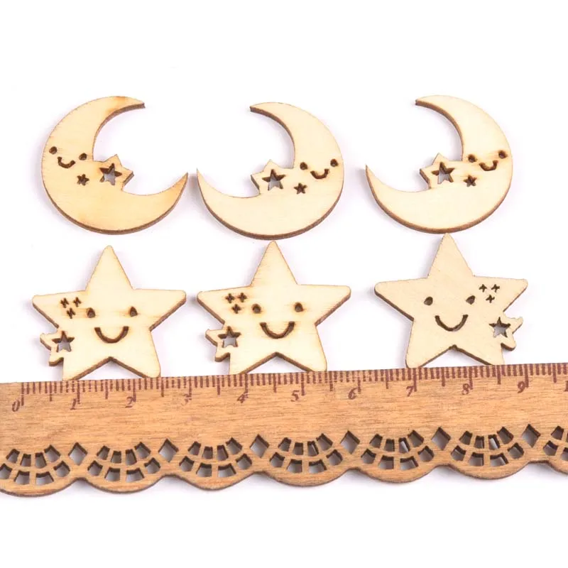 50pcs Natural moon and star pattern legno Scrapbooking Carft per la decorazione domestica decorazione fatta a mano fai da te 24-27mm MT1704