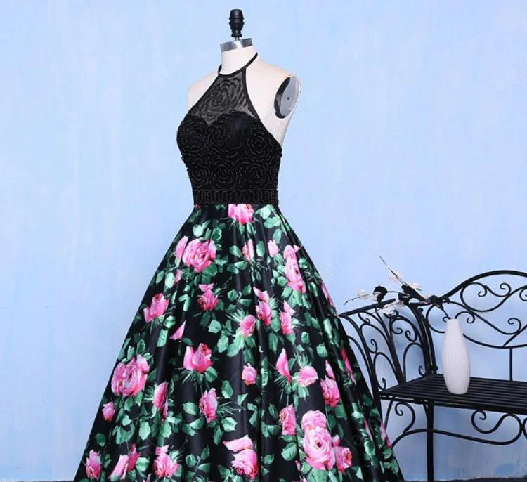 Nieuwe Collectie 2019 Sexy Halter Crystal Kralen Prom Gown Custom made EEN Line Bloemen Gedrukt Avond Prom Dresses Lange