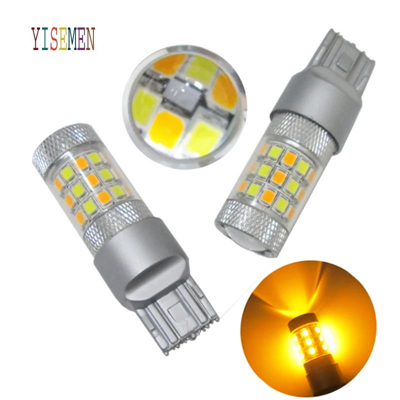 2PCS T20 P21W 7443 2835 42 SMD Led Car Bulb White/Amber Dual Color DC 12V Turn Signal Light Paring Light white+yello