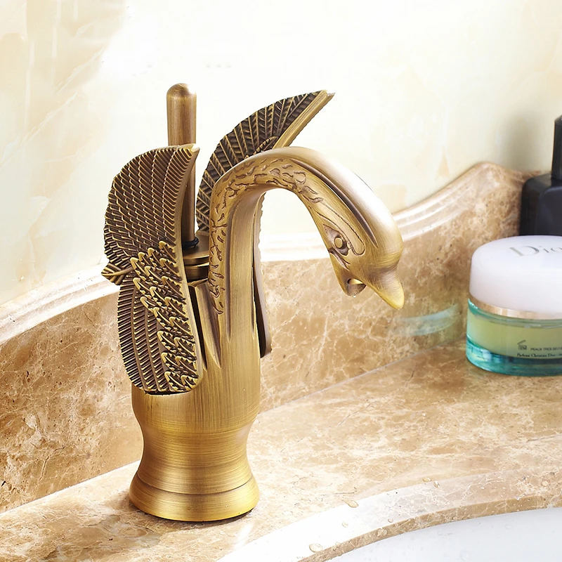 Bathroom Swan Shape Faucet Newly Luxury Antique Brass Finished Hot and Cold Mixer Taps Deck Mounted Carving Swan Faucet AF1076