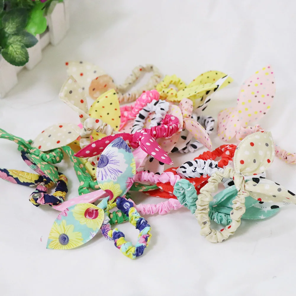 20pcs/lot Original Head Flower Hair Accessories Headdress Korea Trinkets Rabbit Ears Fabric Polka Dot Rubber Band Hair Rope Ring