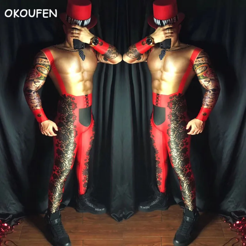 

Nightclub Male DJ Singer ds costumes sexy Red Perspective costumes Party show stage Jazz dance wear