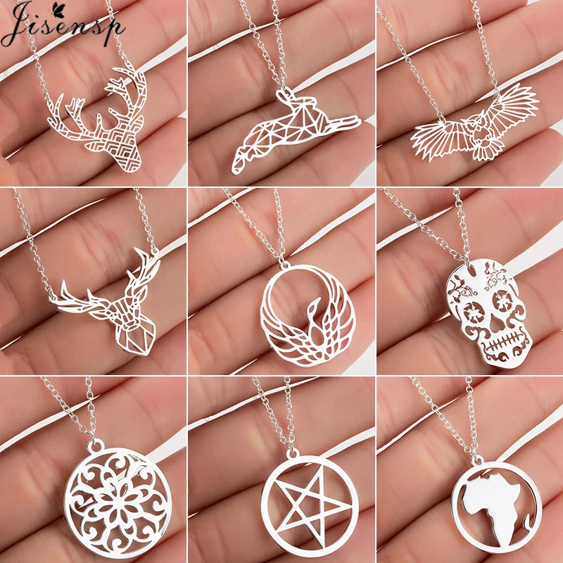 Jisensp Edelstahl Hirsch Kaninchen Anhänger Halskette Frauen Boho Schmuck niedlichen Stern Mond Kette Halsketten Collier Femme Großhandel
