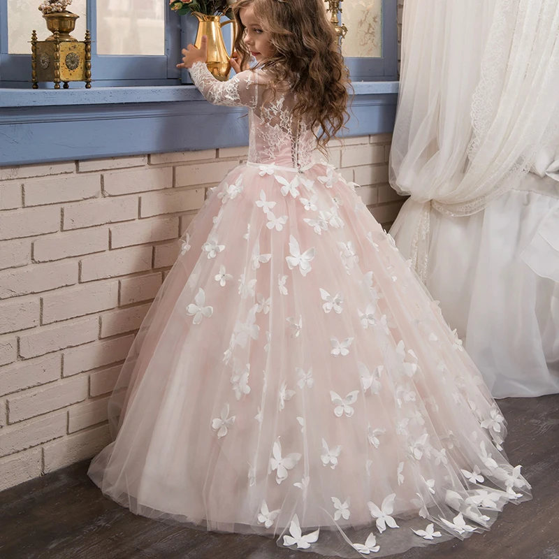 Vestidos De Primera Comunion 2025 Rosa Lange Ärmel Kinder Prinzessin Langes Partykleid Für Mädchen Kostüm Für 2 3 4 5 6 7 8 13 Jahre