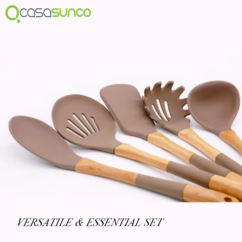 Silicone Cooking Kitchen Set With Holder Natural Beech Wood Heat-Resistant Non-Stick Kitchen Accessories Set Turner -CASASUNCO