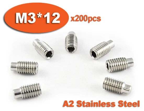 

200pcs DIN915 M3 x 12 A2 Stainless Steel Screw Dog Point Hexagon Hex Socket Set Screws