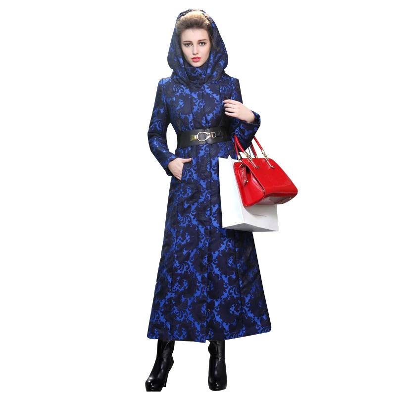 

Women Winter Parkas Jacquard Space Cotton Big Coat Full Length Cap Collar X-Long Overcoat Oversized
