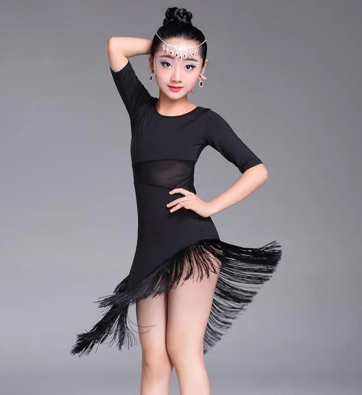 Mid Long Sleeve Lace Mesh Mordern Ballroom Dancing Dresses For Kids Sexy Salsa Tango Skirt Children Latin Dance Dress For Girls