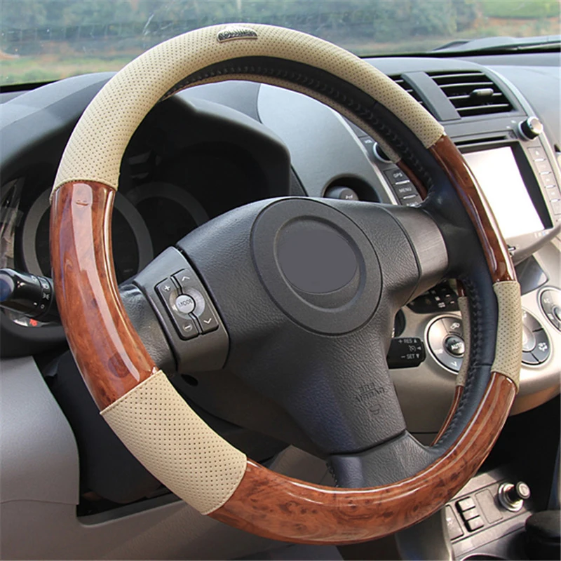 Car Steering Wheel Covers Light Wood Grain Leather Comfortable Car Steering Wheel Cover Fits 38cm/ fits 15\