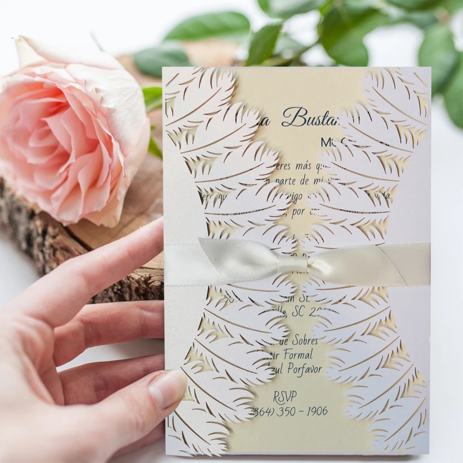 Laser Cut Pure White Wedding Invitations, Feather Wedding Invitation Cards Upgrade Envelopes