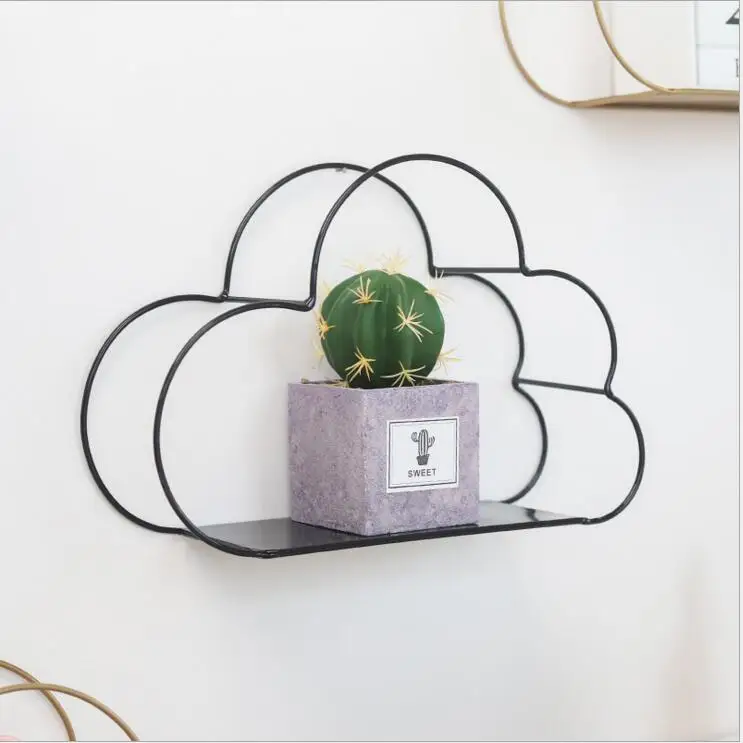 Cloud Shape Metal Wall Rack Iron Flower Vase Holder Multi-use Wooden Wall Sundries Holder Storage Basket Magazine Holder