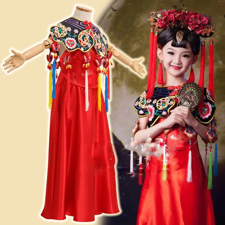 Hong Fu Red Ethnic Fashion China National Trend Red costume for Little Girl with Hair Tiaras Beautiful Girl's Costume