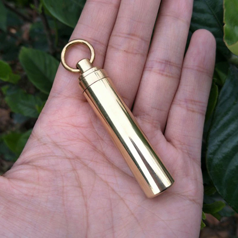 1 PC Solid Brass Waterproof Pill Capsule Fob Holder Case With Key Ring Small Medicine Container Seal Box Portable EDC Keychain