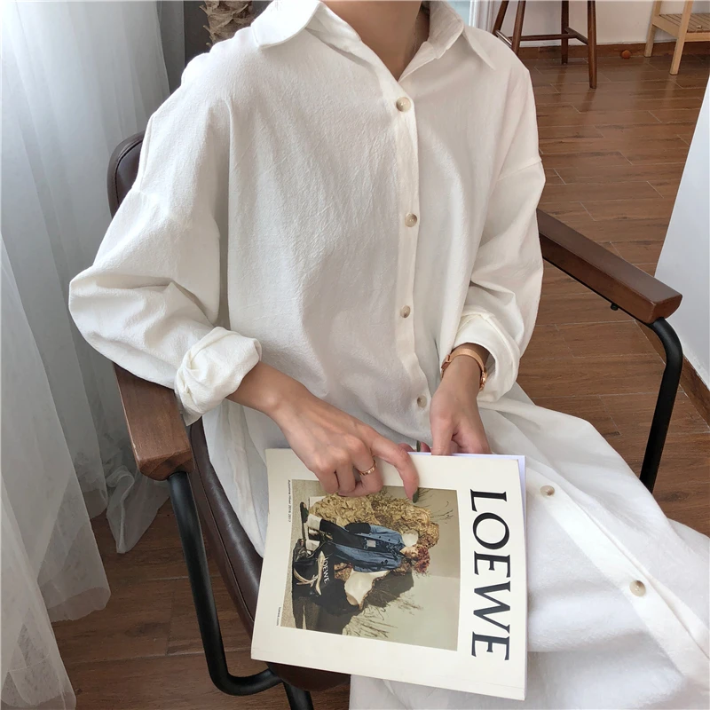 Korean Fashion Women Long Dress 2024 Lady Long Sleeve Cotton Shirt Dress Casual Turn-down Collar Loose Elegant Oversized Dresses