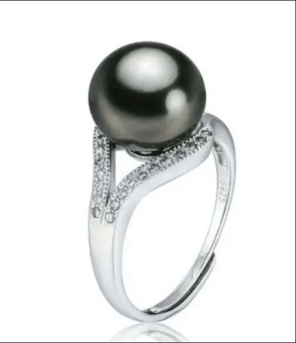 Free Shipping 12mm huge Tahitian genuine black pearl ring silver size can resized aaa