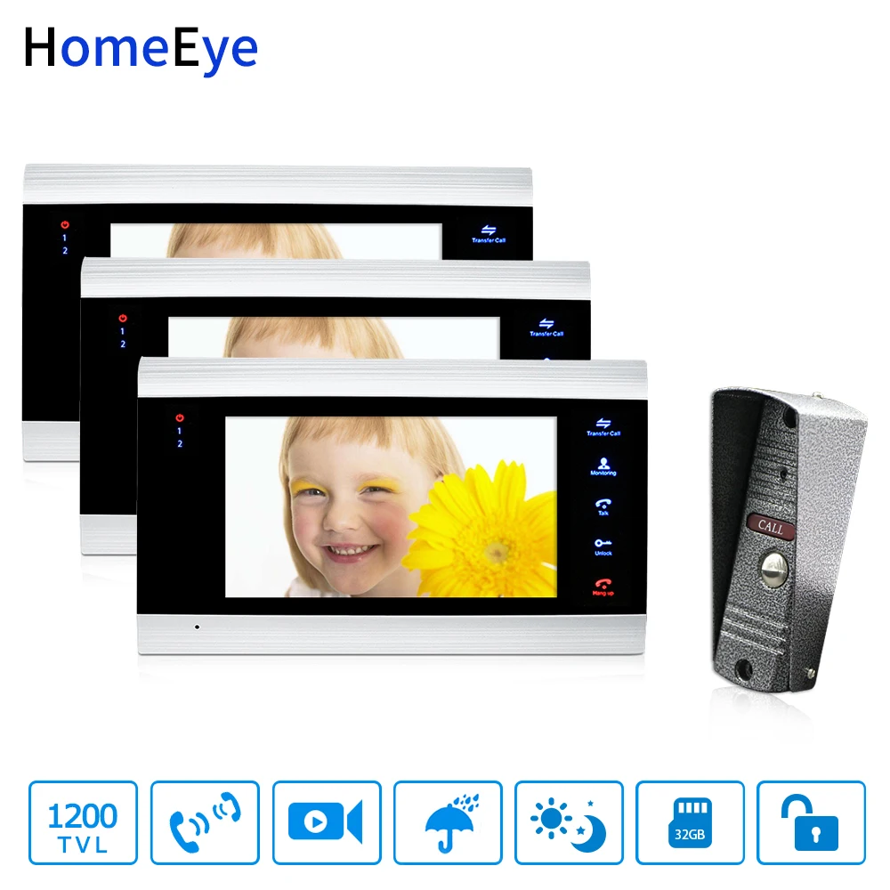 HomeEye 7'' Video Door Phone Intercom 1200TVL Waterproof Motion Detection Multi-languages OSD Menu Video Record Support PIR