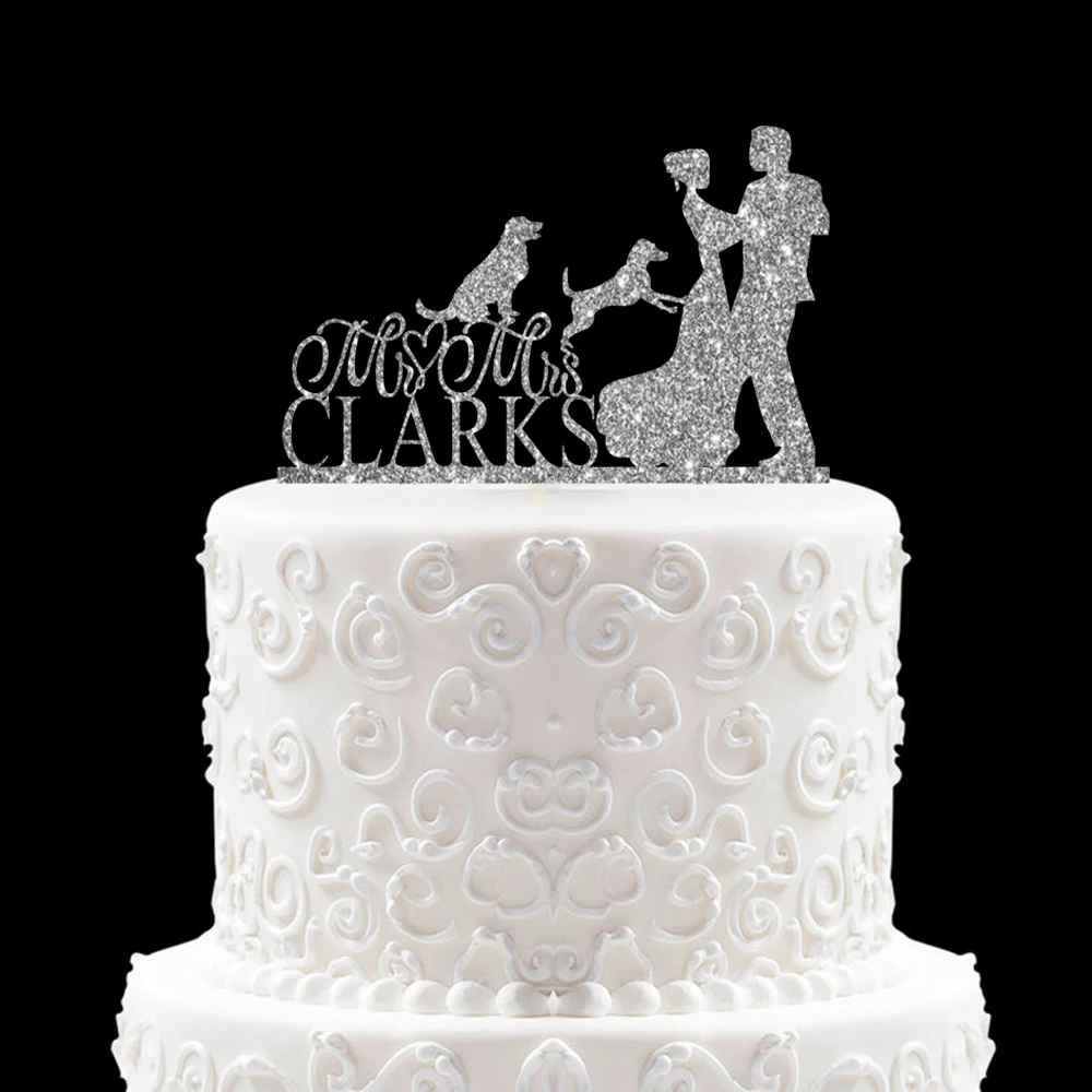 Custom Mr&Mrs Last Name Wedding Cake Topper with two Dogs Rustic Cake Topper For Anniversary Personalized Party Decor For Family