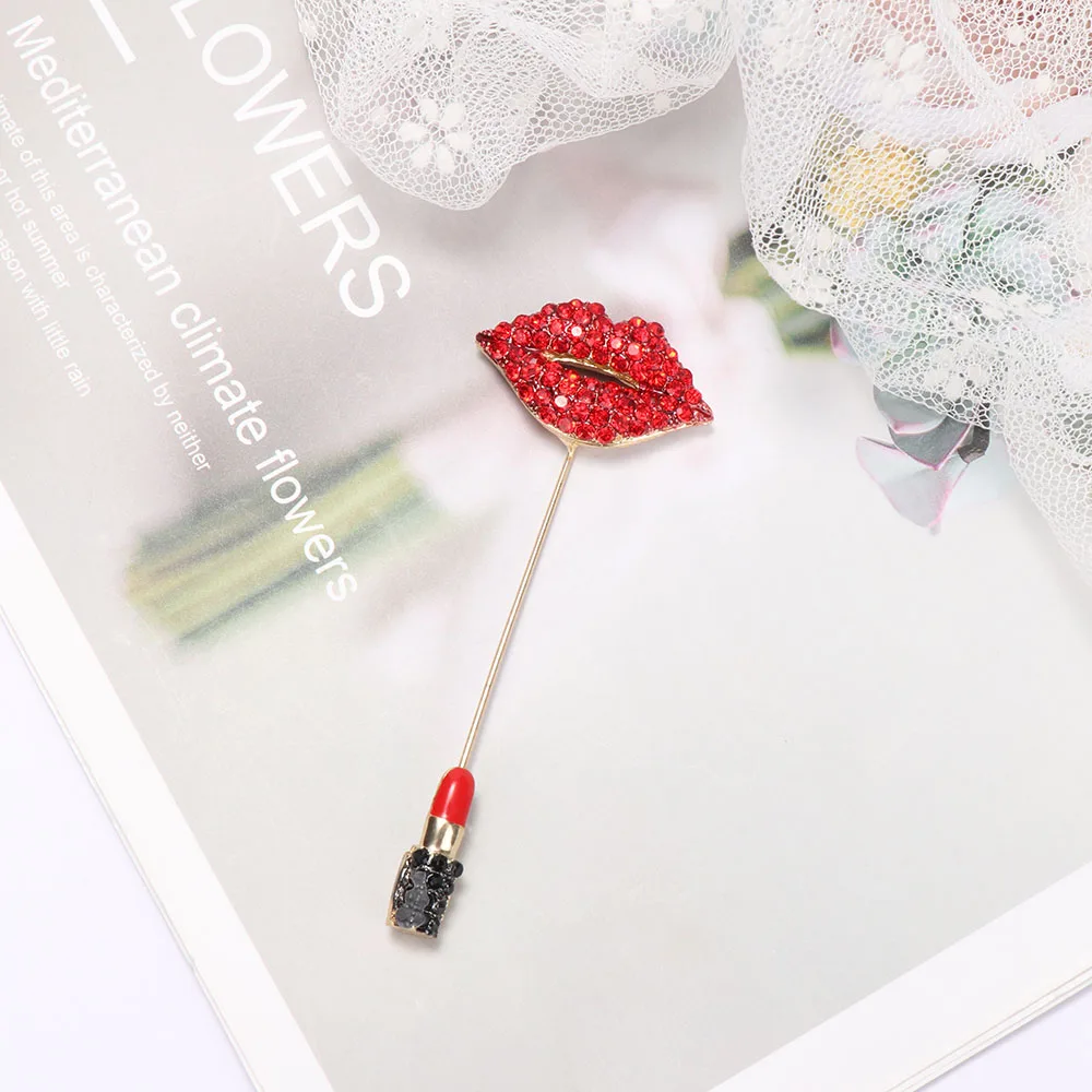 1 Pc Crystal Red Lipstick Brooches Enamel Pin For Women Jackets Accessories Rhinestone Lapel Pin Kiss Red Jewelry