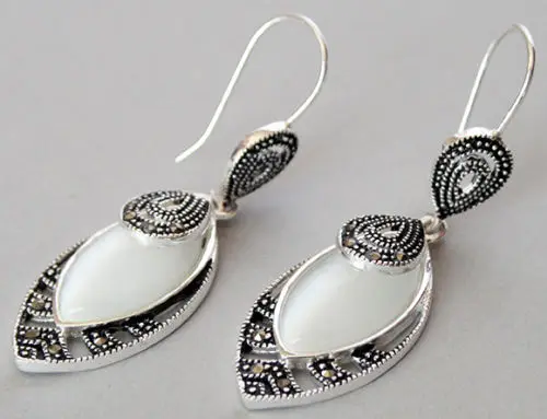 Fshipping Pretty Vintage Opals Inlay Marcasite 925 Sterling  Hooks Dangle Earrings lady's $ Jewelry Luxury Girls Wedding