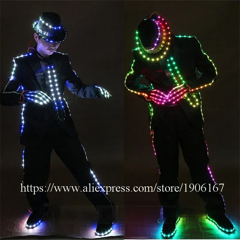 

RGB Led Growing MJ Style Suit Led Luminous Light Up Ballroom Costume With Led Hat Shoes Dance Performance Stage Party Clothes