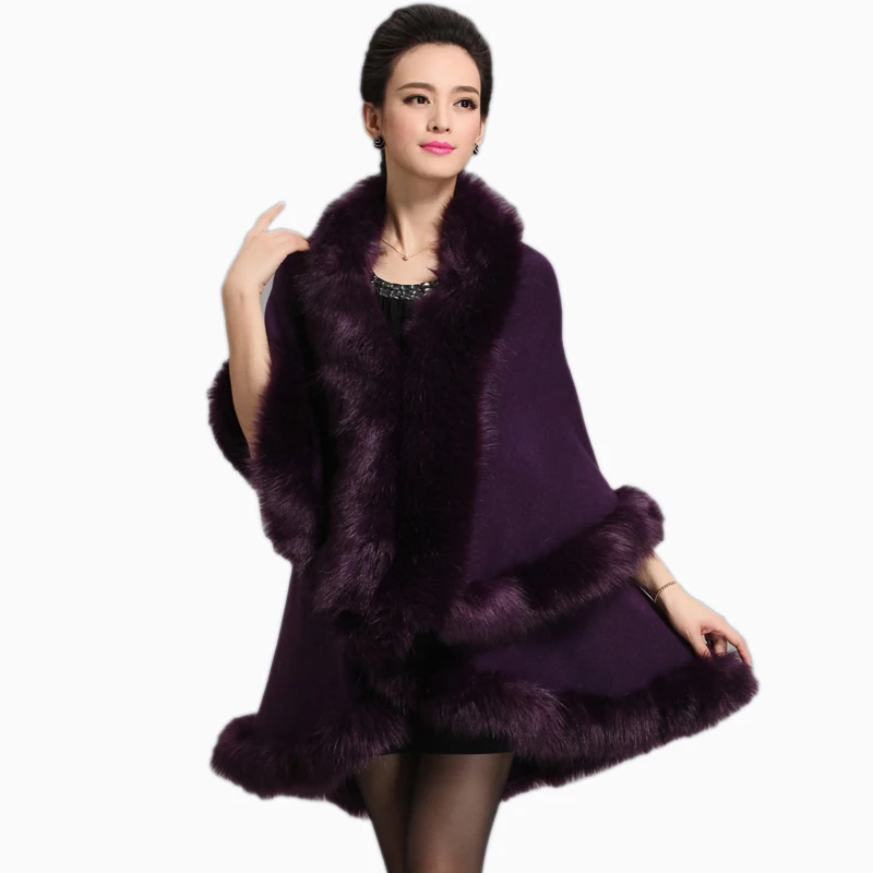 Femmes fausse fourrure manteau Long violet Cardigan pull Cape châle printemps tricoté pull printemps Capes et Poncho