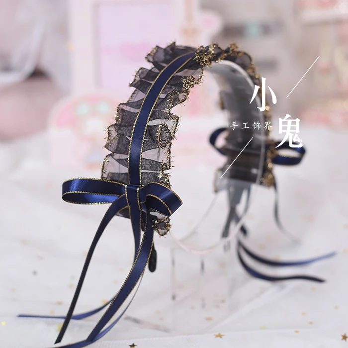 Gothic Dark สไตล์ Lolita Bow Headband ริบบิ้นลูกไม้โบว์อุปกรณ์เสริมผม Loli Headwear ผู้หญิงแถบคาดศีรษะ9สี