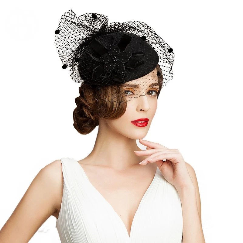

Ladies Hats Fascinators Black 100% Australia Wool Pillbox Hat With Veils Wedding Cocktail For Women Derby Church Femme