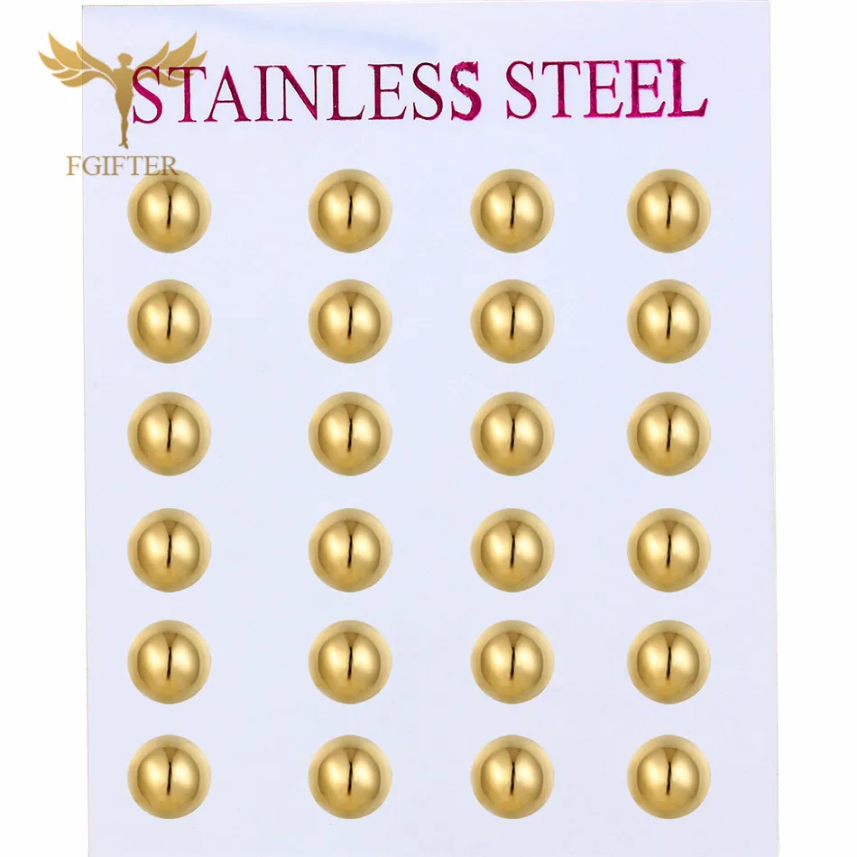 12 Pairs 6MM Ball Earrings Wholesale Golden Stainless Steel Ear Piercing Jewelry Women Men Simple Stud Earrings Set Accessories