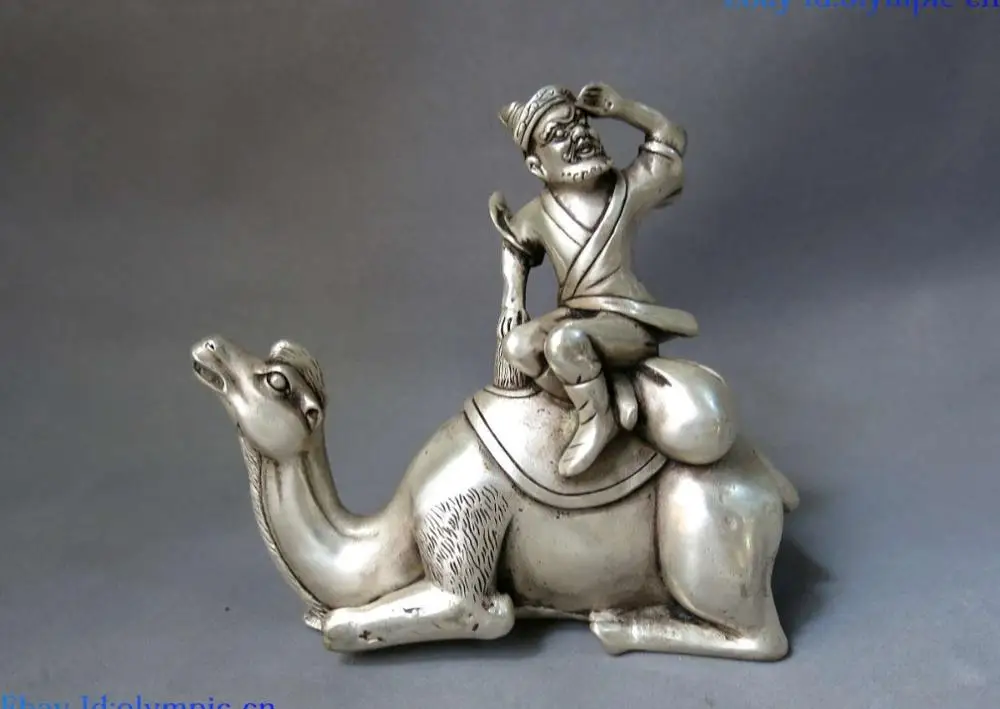 China Silver Feng Shui carved money bag buddha on camel sculpture Statue