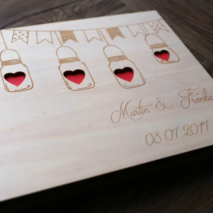 Custom Wedding Guest Book, Wood Rustic Wedding Guestbook, mason jar light guest book, engraved photo album