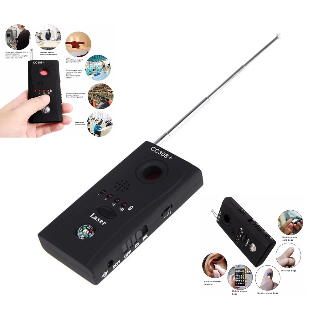 CC308 + Mini Anti-Spy RF Signal Radio Freqency Detector telecamera nascosta lente Laser rilevatore di dispositivi GSM