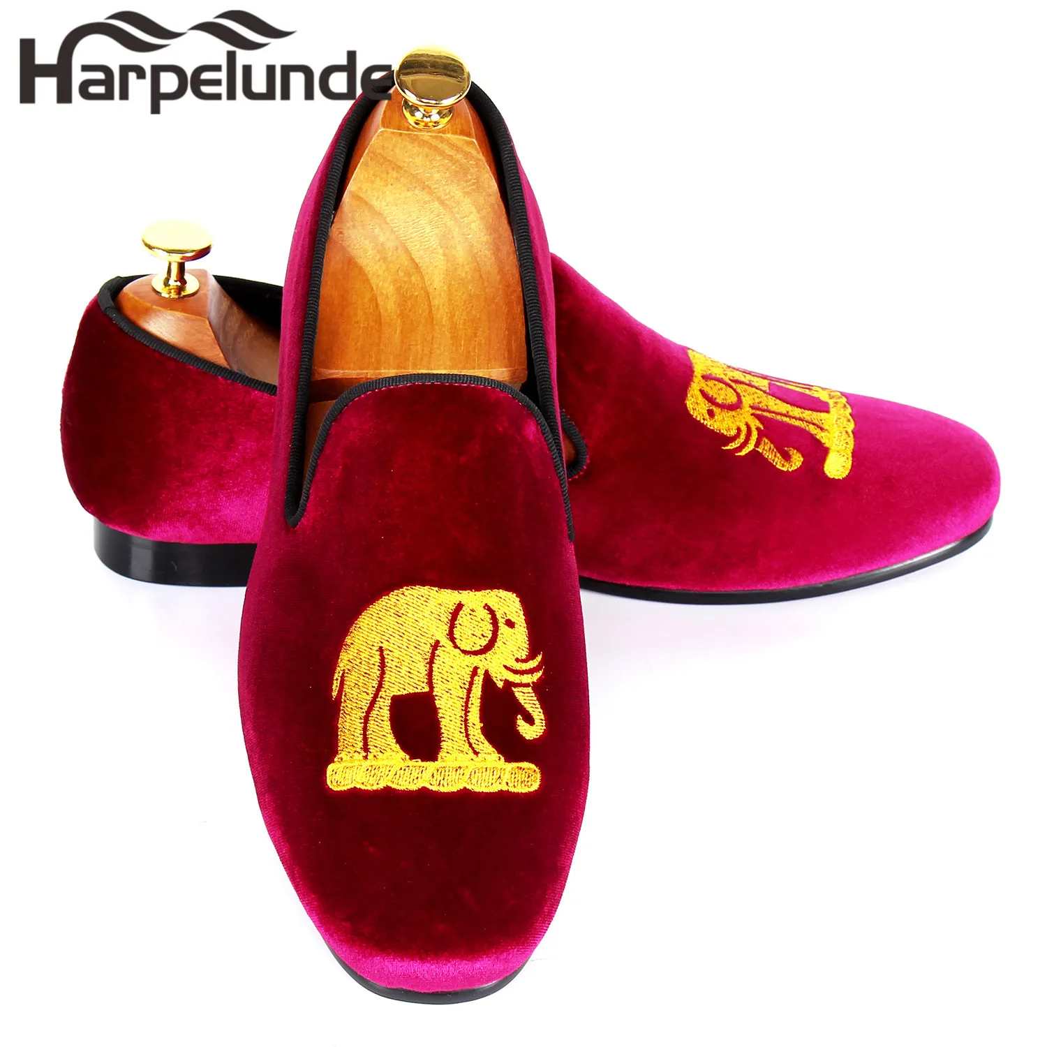 

Harpelunde Embroidery Men Shoes Burgundy Velvet Flat Loafers Size 7-12