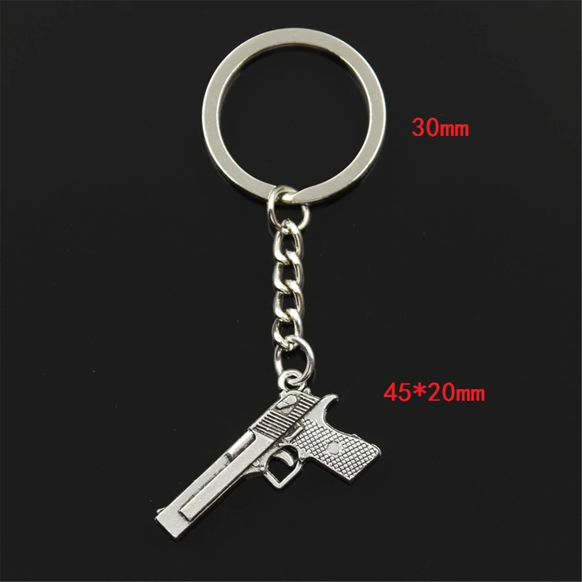 New Fashion Men 30mm Keychain DIY Metal Holder Chain Vintage Gun Browning Pistol 45x20mm Silver Color Pendant Gift