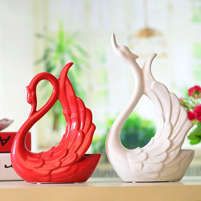 Exquisite Interesting Chinese Modern Porcelain Red and White Double Cute Swans Decoration Statues No.2