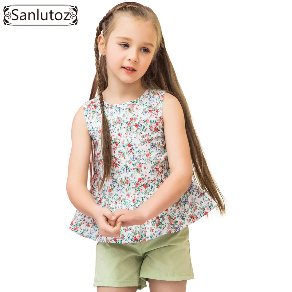 Sanlutoz Summer Children Clothes Cotton Flower Girls Clothing Sets Fashion Child Sets Party Brand Toddler ( T-Shirt + Shorts )