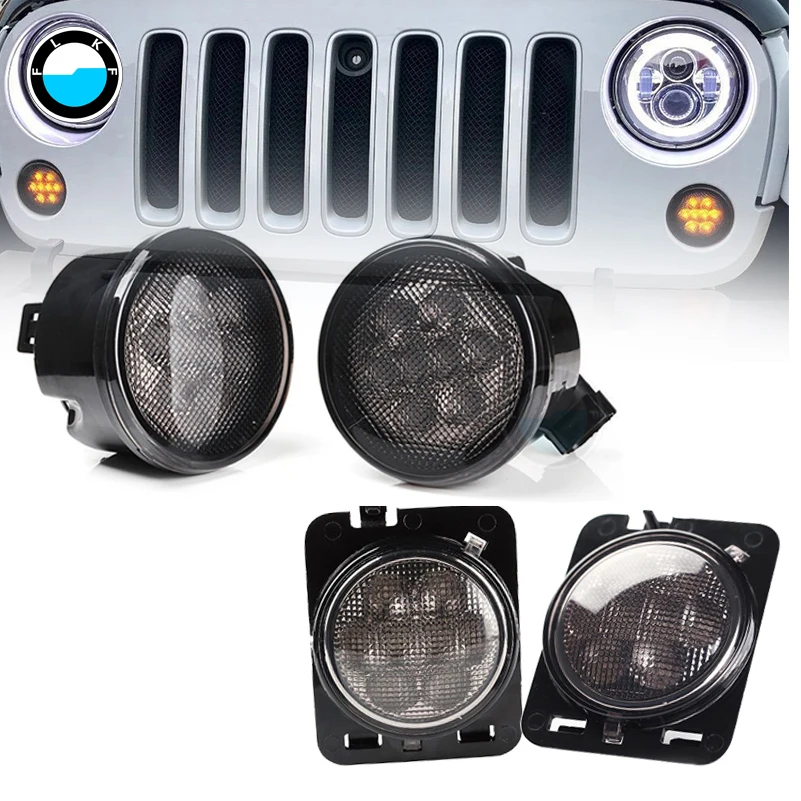 Pair Front Fender Flare light and PairSmoke Lens Front Grille LED Turn Signal Light for Jeep Wrangler JK 2007-2017 14 15  .