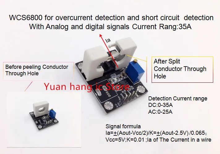 

WCS6800 for overcurrent detection and short circuit detection With Analog and digital signals Current Rang:35A 0.065V/1A