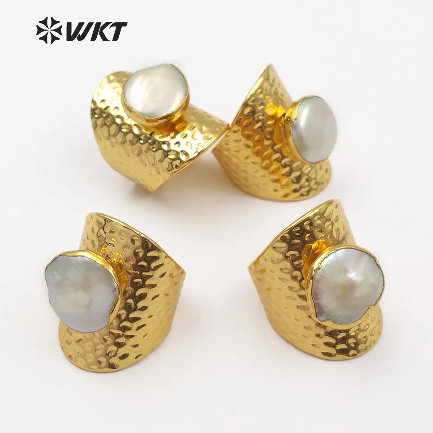 WT-R306 WKT Wholesale 10pcs/lot Natural freshwater pearl rings big size adjustable gold color women rings 2018 new arrivals