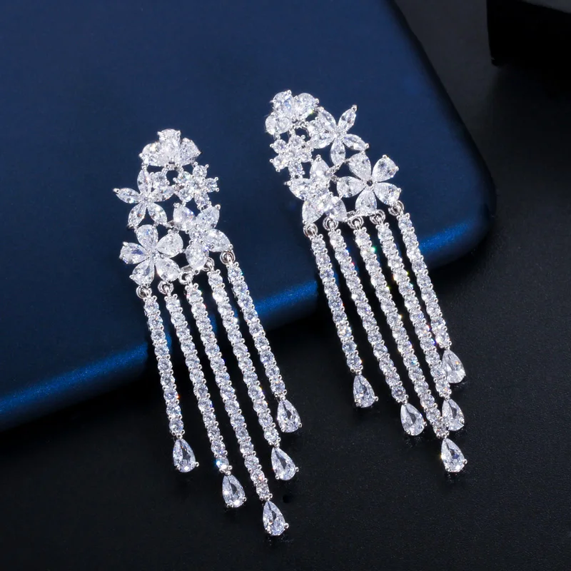 CWWZircons Sparkling Cubic Zirconia Pave Long Flower Tassel Drop Wedding Earrings for Women Party Dress Jewelry CZ568