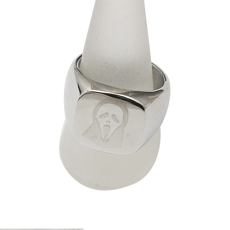 Unisex Halloween Fashion Jewelry Gift Finger Ring Silver Color Square Stainless Steel Ghostly Face Ring Size 7 11 6 10 8 9