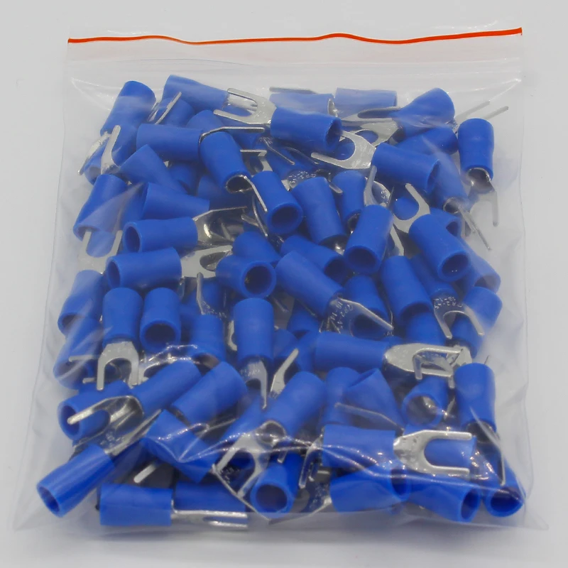 SV2-4 Blue Furcate Cable Wire Connector 100PCS/Pack Furcate Pre-Insulating Fork Spade 16-14AWG Wire Crimp Terminals SV2.5-4 SV