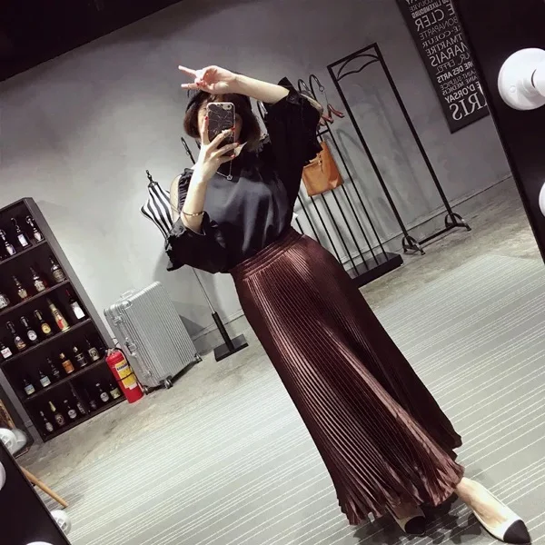 Free shipping High Waist Women Folded Casual Pastel bust Skirt 2020 Spring Summer Pleated Skirt Woman organist long Skirts w423