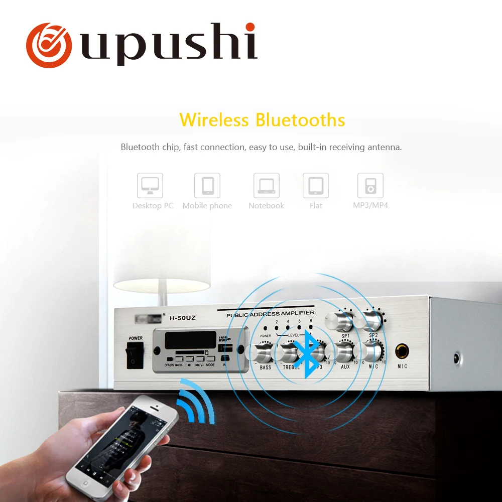 Oupushi pa sistema 50w stereo di casa amplificatore bluetooth mini aduio amplificatore piccolo amplificatore di potenza con USB, scheda SD, FM