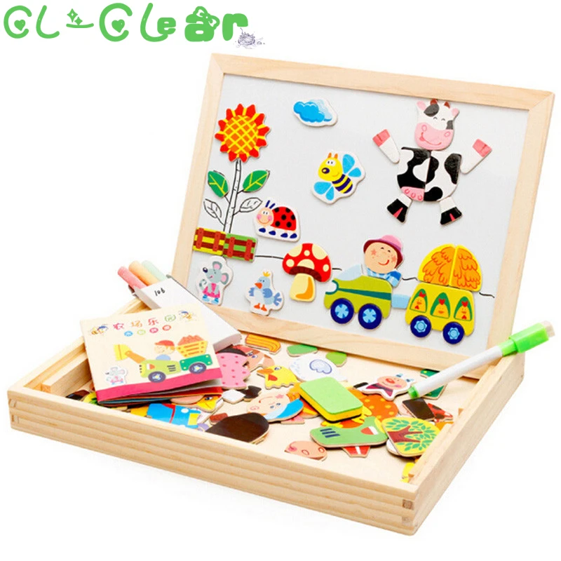 Multifunctional Educational Farm Jungle Animal Wooden Magnetic Puzzle Toys for Children Kids Jigsaw Baby's Drawing Easel Board