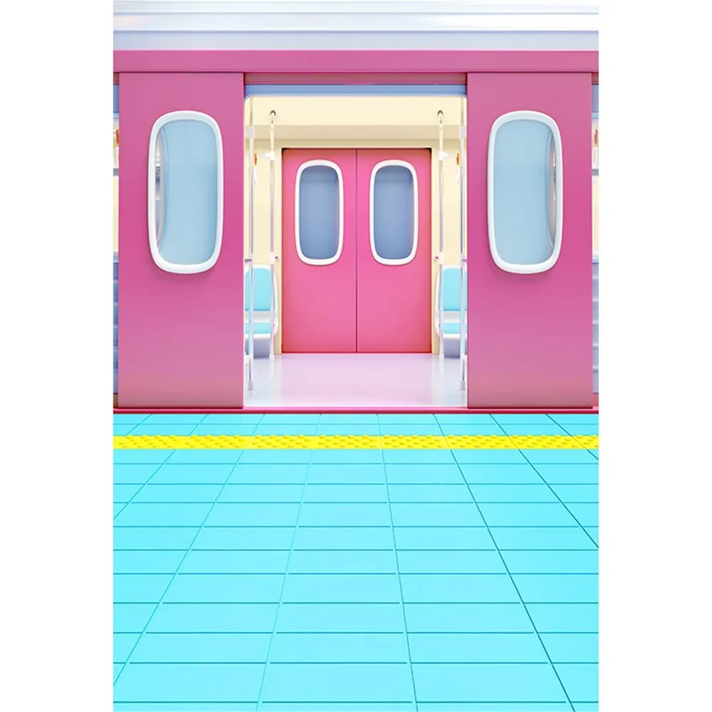 Pink Subway Gate Backdrop for Photography Printed Yellow Line Baby Girl Kids Children Photo Studio Backgrounds Blue Floor