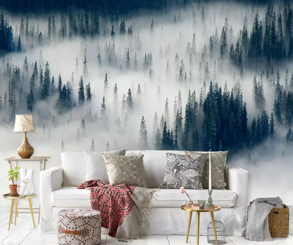 

Modern simple Nordic small fresh mist forest scenery background wall painting