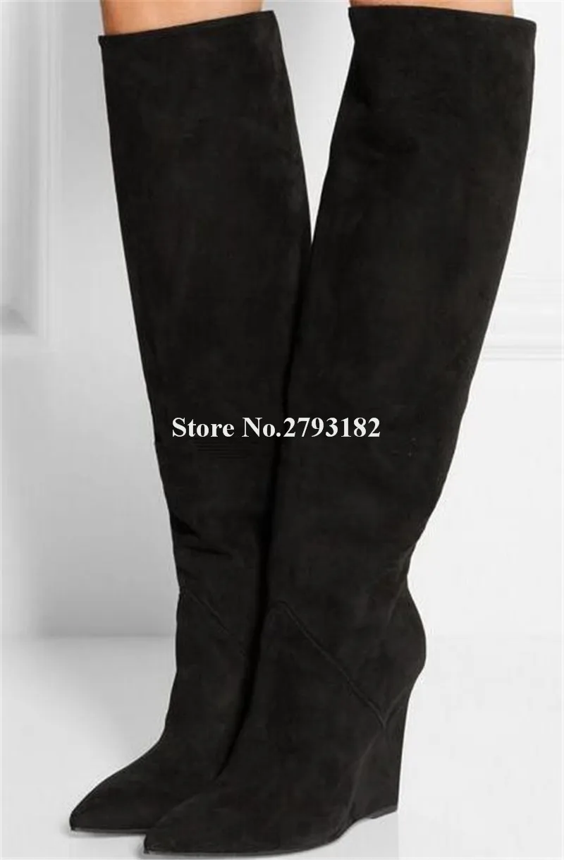 

Brand Style Women Fashion Pointed Toe Suede Leather Knee High Wedge Boots High Quality Winter Women Long Wedge Boots