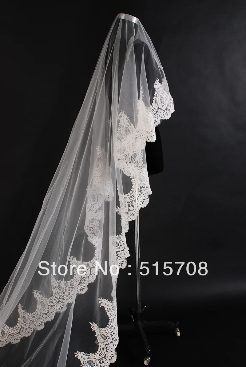 Voile Long de 3 mètres de haute qualité, voile de mariée, de mariage, blanc/ivoire, bord en dentelle, sans peigne, 1T